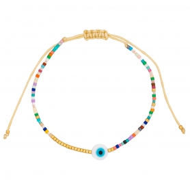 Βραχιόλι λεπτό μακραμέ Boho της Excite Fashion Jewellery, με ματάκι, πολύχρωμες και χρυσές χάντρες. B-110484-45