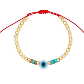 Βραχιόλι λεπτό  Boho της Excite Fashion Jewellery, με ματάκι, τιρκουάζ πέτρες και χρυσές χάντρες από ανοξείδωτο ατσάλι. B-110486-45