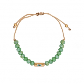 Βραχιόλι μακραμέ της Excite Fashion Jewellery, ματάκι με σμάλτο σε επίχρυση μπάρα και πράσινες πέτρες.  B-1400-01-04-49