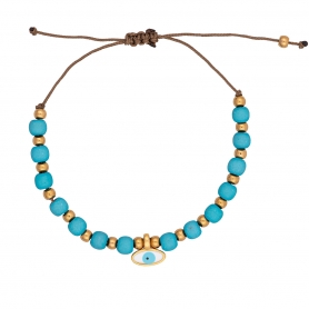 Βραχιόλι μακραμέ της Excite Fashion Jewellery, επίχρυσο κρεμαστό οβάλ ματάκι με σμάλτο και τυρκουάζ πέτρες.  B-1406-03-08-79