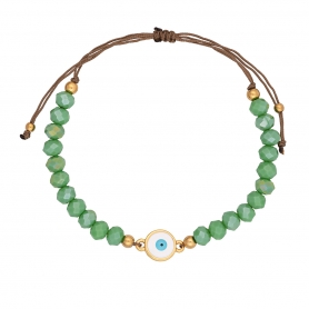Βραχιόλι μακραμέ της Excite Fashion Jewellery, επίχρυσο στρογγυλό  ματάκι με σμάλτο και πράσινες πέτρες. B-1410-03-04-49