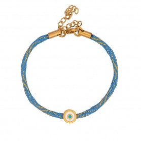 Χειροποίητο βραχιόλι της Excite Fashion Jewellery με μπλε-χρυσό  κορδόνι και ματάκι με λευκό σμάλτο. B-1719-01-07-4