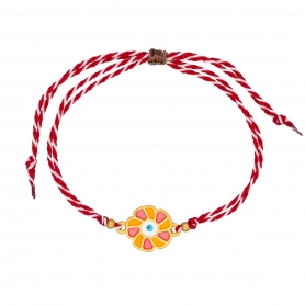 Βραχιόλι Μαρτάκι της Excite fashion jewellery , φτιαγμένο με το παραδοσιακό άσπρο κόκκινο κορδόνι, μεταλλικό στοιχείο λουλουδάκι και  ματάκι με σμάλτο. BMAR-1700-01-22-32