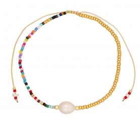 Βραχιόλι ποδιού της Excite Fashion Jewellery με πέρλα και half & half πολύχρωμες και χρυσές  χάντρες από ανοξείδωτο ατσάλι. BP-110470-45