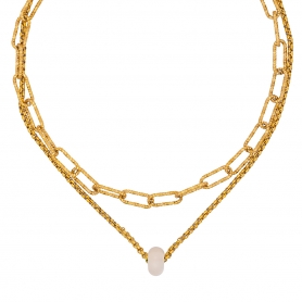 Διπλό κολιέ Excite Fashion Jewellery με λευκή χάντρα και διαμανταρισμένη αλυσίδα με οβάλ κρίκους  από επιχρυσωμένο ανοξείδωτο ατσάλι. K-1719-01-17-79