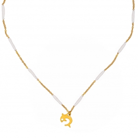 Κολιέ Excite Fashion Jewellery με λευκές μπαρίτσες απο σμάλτο, αλυσίδα και κρεμαστό δελφινάκι από επιχρυσωμένο ανοξείδωτο ατσάλι. K-1720-01-17-6