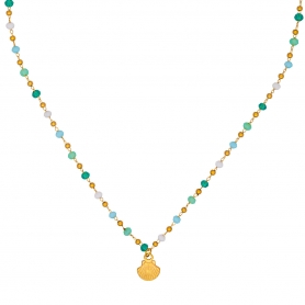 Κολιέ  από την Excite fashion jewellery, γαλαζοπράσινο ροζάριο με ατσάλινη επίχρυση αλυσίδα και κρεμαστό μοτίφ κοχυλάκι. K-1721-01-30-105