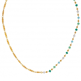 Κολιέ half & half από την Excite fashion jewellery, γαλαζοπράσινο ροζάριο με ατσάλινη επίχρυση αλυσίδα dots. K-1727-01-30-79