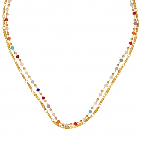 Διπλό κολιέ από την Excite fashion jewellery,  ροζάριο με χρωματιστές  πέτρες και ατσάλινη επίχρυση αλυσίδα dots. K-1729-01-17-12