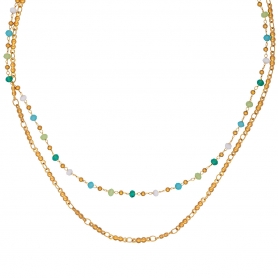 Διπλό κολιέ από την Excite fashion jewellery,  ροζάριο με χρωματιστές παστέλ πέτρες και ατσάλινη επίχρυση αλυσίδα dots. K-1729-01-30-12