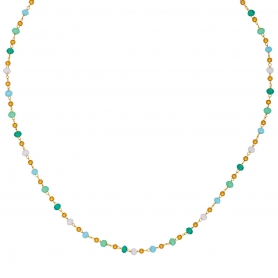 Kολιέ από την Excite fashion jewellery, ροζάριο με γυάλινη γαλαζοπράσινη πέτρα ταγιέ, χρυσές μπίλιες  και  ατσάλινη ανοξείδωτη επίχρυση αλυσίδα. KE-1802-01-TYRK-89