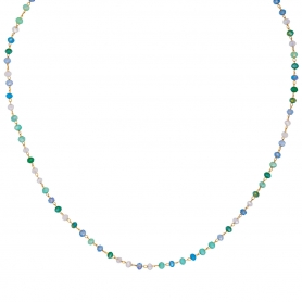 Kολιέ από την Excite fashion jewellery, ροζάριο με γαλαζοπράσινες πέτρες ταγιέ και ατσάλινη ανοξείδωτη επίχρυση αλυσίδα. KE-1805-01-AQUA-69