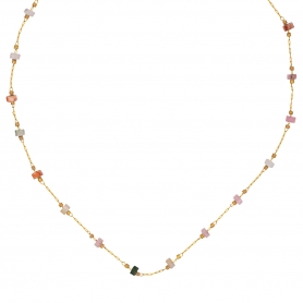 Kολιέ από την Excite fashion jewellery, ροζάριο με γυάλινη πέτρα ροδέλα σε ροζ πράσινο παστέλ χρώμα και ατσάλινη ανοξείδωτη επίχρυση αλυσίδα. KE-1806-01-PASTEL-89
