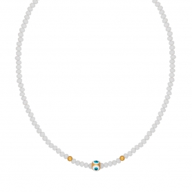 Χειροποίητο κολιέ ματάκι ζάρι από την Excite Fashion Jewellery  με σμάλτο, λευκές και χρυσές χάντρες. K-1403-04-01-89