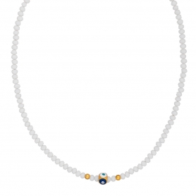 Χειροποίητο κολιέ ματάκι ζάρι από την Excite Fashion Jewellery  με σμάλτο, λευκές και χρυσές χάντρες. K-1405-04-01-79