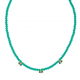 Χειροποίητο κολιέ από την Excite Fashion Jewellery με τρία ματάκια από μπλε σμάλτο και πράσινες χάντρες. K-1408-04-03-99