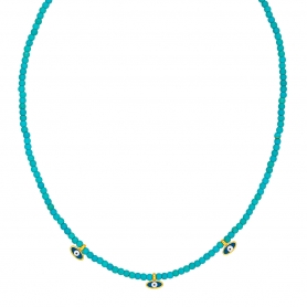 Χειροποίητο κολιέ από την Excite Fashion Jewellery με τρία ματάκια από μπλε σμάλτο και τιρκουάζ χάντρες. K-1408-04-07-99