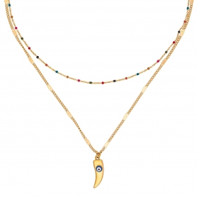 Διπλό κολιέ από την Excite fashion jewellery, αλυσίδα με κρεμαστό ελεφαντόδοτο και ματάκι, πολύχρωμο ροζάριο από επιχρυσωμένο ανοξείδωτο ατσάλι. N-YH808A-G-65