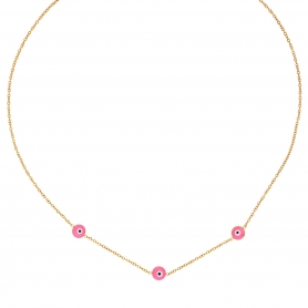 Kολιέ από την Excite fashion jewellery, τρία  ματάκια  με ροζ σμάλτο  και ατσάλινη ανοξείδωτη επίχρυση αλυσίδα. N005-PINK-79