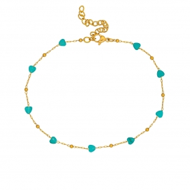 Βραχιόλι ποδιού της Excite fashion jewellery  με  επίχρυση αλυσίδα ατσάλι και τυρκουάζ  καρδιές ιασπις. PE-1802-01-TYRK-65