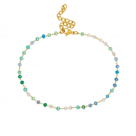 Βραχιόλι ποδιού της Excite fashion jewellery, ατσάλινο επίχρυσο ροζάριο με  γυάλινες πέτρες aqua mix ταγιέ. PE-1805-01-AQUA-55