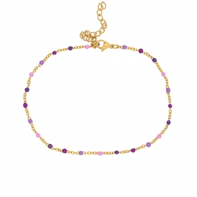 Βραχιόλι ποδιού της Excite fashion jewellery, ατσάλινη επίχρυση αλυσίδα, dots με μωβ σμάλτο. PE-1808-01-MOB-55