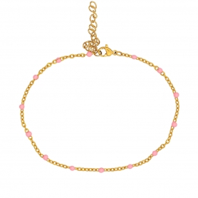 Βραχιόλι ποδιού της Excite fashion jewellery, ατσάλινη επίχρυση αλυσίδα, dots με ροζ σμάλτο. PE-1808-01-ROZ-55