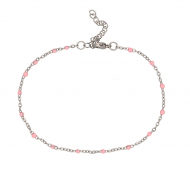 Βραχιόλι ποδιού της Excite fashion jewellery, ατσάλινη ασημί αλυσίδα, dots με ροζ σμάλτο. PE-1808-03-ROZ-55