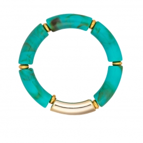 Χειροποίητο φαρδύ βραχιόλι της Excite Fashion Jewellery με μπάρες σε τυρκουάζ - χρυσό χρώμα και χρυσές χάντρες. B-1732-01-30-65