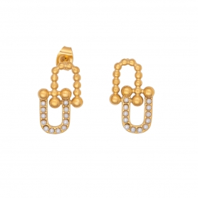 Κομψά σκουλαρίκια  από την  Excite Fashion Jewellery, σχέδιο upside down  στολισμένα με dots και περλίτσες από ανοξείδωτο (δεν μαυρίζει) επιχρυσωμένο ατσάλι. E-YH1657A-G-65