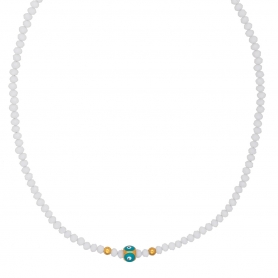 Χειροποίητο κολιέ από την Excite Fashion Jewellery ματάκι ζάρι με γαλάζιο σμάλτο και λευκές χάντρες. K-1404-04-01-79