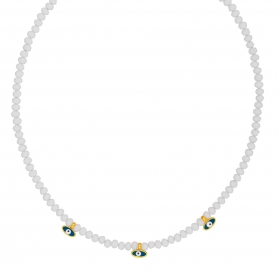 Χειροποίητο κολιέ από την Excite Fashion Jewellery με τρία ματάκια από μπλε σμάλτο και λευκές χάντρες. K-1408-04-01-99