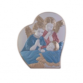 Ασημένια Καθολική Εικόνα Αγγελούδια Καρδιά Μπλε - Ανοιχτό Κόκκινο 4.4x5.4 Λευκό