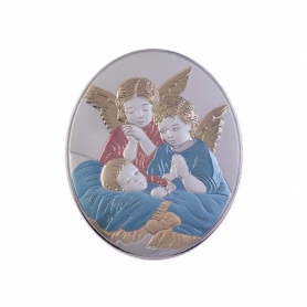 Ασημένια Καθολική Εικόνα Αγγελούδια Οβάλ Μπλε - Ανοιχτό Κόκκινο 4.4x5.4 Καφέ
