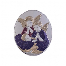 Ασημένια Καθολική Εικόνα Αγγελούδια Οβάλ Μπλε - Σκούρο Κόκκινο 4.4x5.4 Λευκό