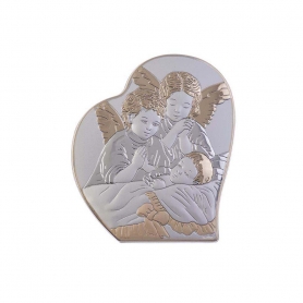 Ασημένια Καθολική Εικόνα Αγγελούδια Καρδιά Ασημί - Χρυσό 4.4x5.4 Λευκό