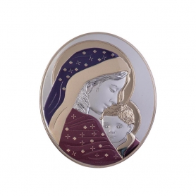 Ασημένια Καθολική Εικόνα Ευλογημένη Μητέρα Οβάλ Μπλε - Σκούρο Κόκκινο 12.2x15 Καφέ