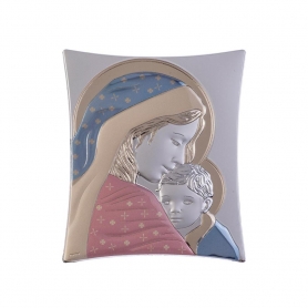 Ασημένια Καθολική Εικόνα Ευλογημένη Μητέρα Τετράγωνη Μπλε - Ανοιχτό Κόκκινο 8.2x10.6 Λευκό
