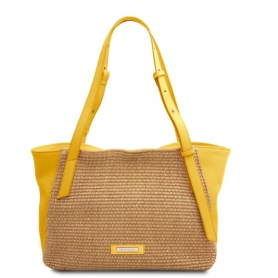 Γυναικεία Τσάντα από Δέρμα & Βαμβάκι TL142279-Κίτρινο