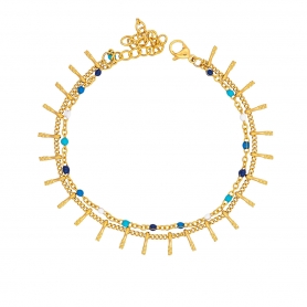 Βραχιόλι διπλό Excite Fashion Jewellery από ατσάλι με μπλέ multi ροζάριο και επίχρυση αλυσίδα με μπάρες B-1618-01-0717-5