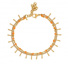 Βραχιόλι διπλό Excite Fashion Jewellery από ατσάλι με πορτοκαλί ροζάριο και επίχρυση αλυσίδα με μπάρες. B-1618-01-22-5 