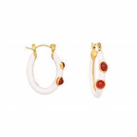Κρίκοι  από την Excite Fashion Jewellery, με λευκό σμάλτο και πορτοκαλί πέτρες από ανοξείδωτο (δεν μαυρίζει) επιχρυσωμένο ατσάλι. E-YH2122A-WHITE-G-79