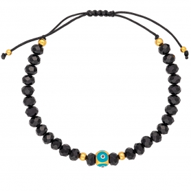 Βραχιόλι μαύρο μακραμέ, επίχρυσο ματάκι με γαλάζιο σμάλτο, επίχρυσες μπίλιες και roz gold χάνδρες, της Excite Fashion Jewellery. B-1404-05-10-59