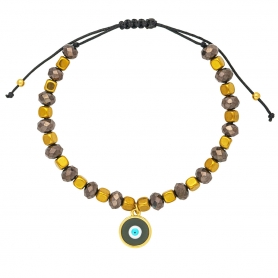 Bραχιόλι με καφέ χάνδρες, χρυσά κυβάκια, και  κρεμαστό ματάκι με σμάλτο από την Excite Fashion Jewellery. B-1423-05-1215-5