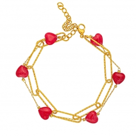 Χειροποίητο διπλό βραχιόλι από επίχρυσο ανοξείδωτο ατσάλι  με οβάλ κρίκους και κόκκινες καρδούλες , της Excite Fashion Jewellery. B-1738-01-01-6