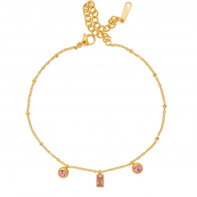 Βραχιόλι επιχρυσωμένο ανοξείδωτο ατσάλι (δεν μαυρίζει), με κρεμαστά ροζ ζιργκόν και χρυσές  χάντρες της Excite Fashion Jewellery. B-201457-G-55