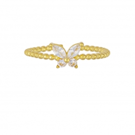 Δαχτυλίδι από επιχρυσωμένο ασήμι 925, πεταλουδίτσα με λευκά ζιργκόν και dots στην γάμπα του δαχτυλιδιού από την Excite Fashion Jewellery. D-13-G-69