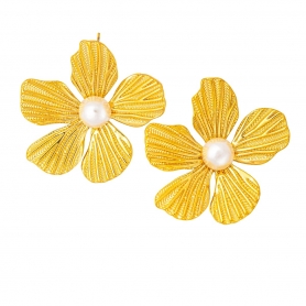  Σκουλαρίκια από ανοξείδωτο (δεν μαυρίζει) επιχρυσωμένο ατσάλι, λουλούδι με πέρλα, της Excite Fashion Jewellery. E-2322A-G-55
