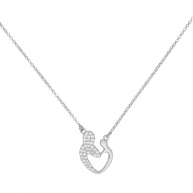 Κολιέ επιπλατινωμένο ασήμι ασήμι 925, μαμά και παιδί με λευκά ζιργκόν,  κατάληξη καρδιά, από την Excite Fashion Jewellery. K-129-AS-S-105