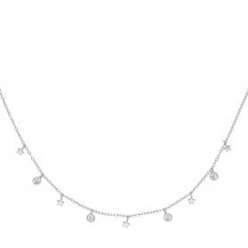 Κολιέ από επιπλατινωμενο ασήμι 925,  με κρεμαστά αστεράκια και λευκά μονόπετρα  ζιργκόν της Excite Fashion Jewellery. K-16-S-11
